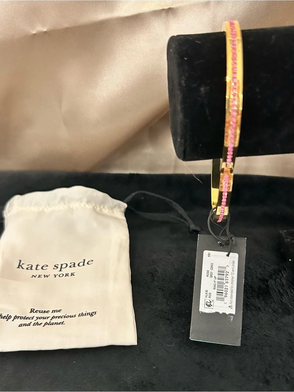 kate spade Gold Tone Hinged Bangle with Pink Crystals